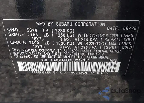 2020 Subaru Outback Limited Xt from USA, damaged, VIN 4S4BTGNDXL3247951